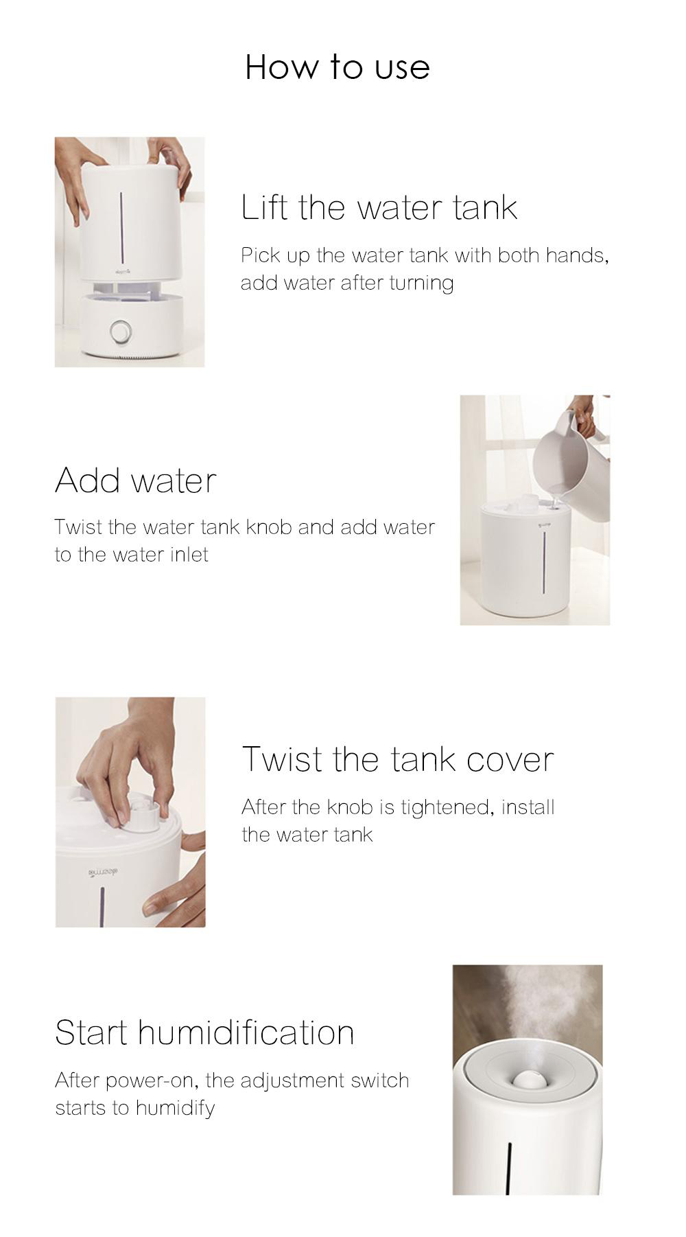 Deerma – humidificateur d'air F628W 5L, vaporisateur de brume silencieuse, diffuseur de parfum, humidificateur ultrasonique pour la maison et le bureau Deerma – humidificateur d'air F628W 5L, vaporisateur de brume silencieuse, diffuseur de parfum, humidificateur ultrasonique pour la maison et le bureau