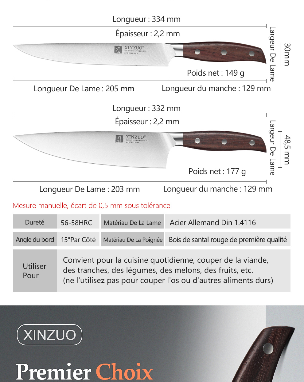 XINZUO couteau de Chef utilitaire de haute qualité 3.5 + 5 + 8 + 8 + 8 "Paring Cleaver allemagne 1.4116 acier inoxydable 1 pièce 5 pièces ensembles de couteaux de cuisine