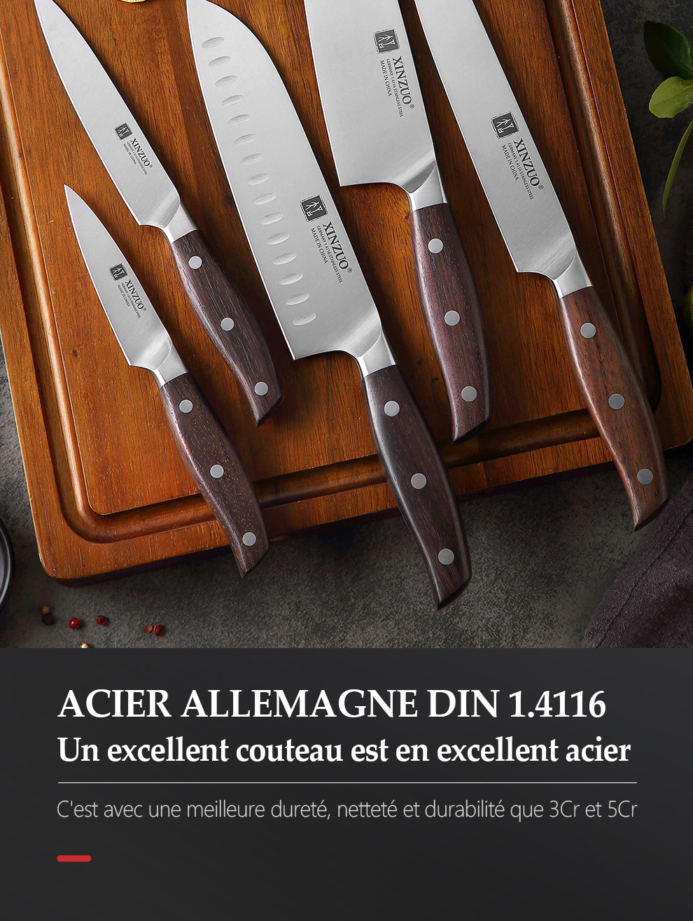 XINZUO couteau de Chef utilitaire de haute qualité 3.5 + 5 + 8 + 8 + 8 "Paring Cleaver allemagne 1.4116 acier inoxydable 1 pièce 5 pièces ensembles de couteaux de cuisine