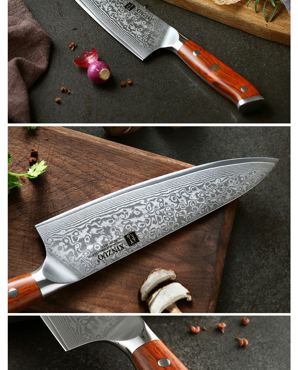 XINZUO couteaux de Chef chinois 8.5 pouces, haute teneur en carbone VG10 67 couches, couteau de cuisine damas, couteau Gyuto en acier inoxydable, manche en bois de rose