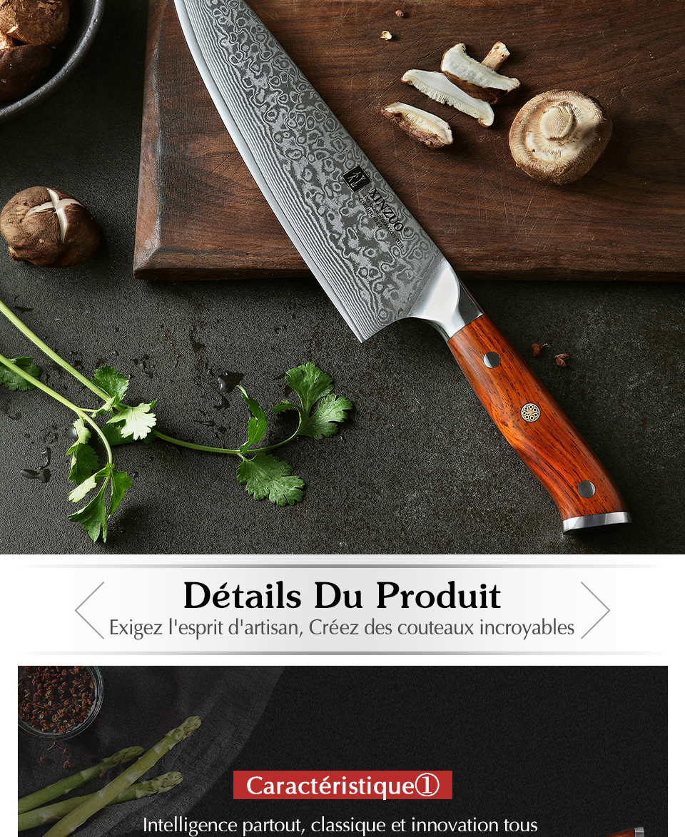 XINZUO couteaux de Chef chinois 8.5 pouces, haute teneur en carbone VG10 67 couches, couteau de cuisine damas, couteau Gyuto en acier inoxydable, manche en bois de rose