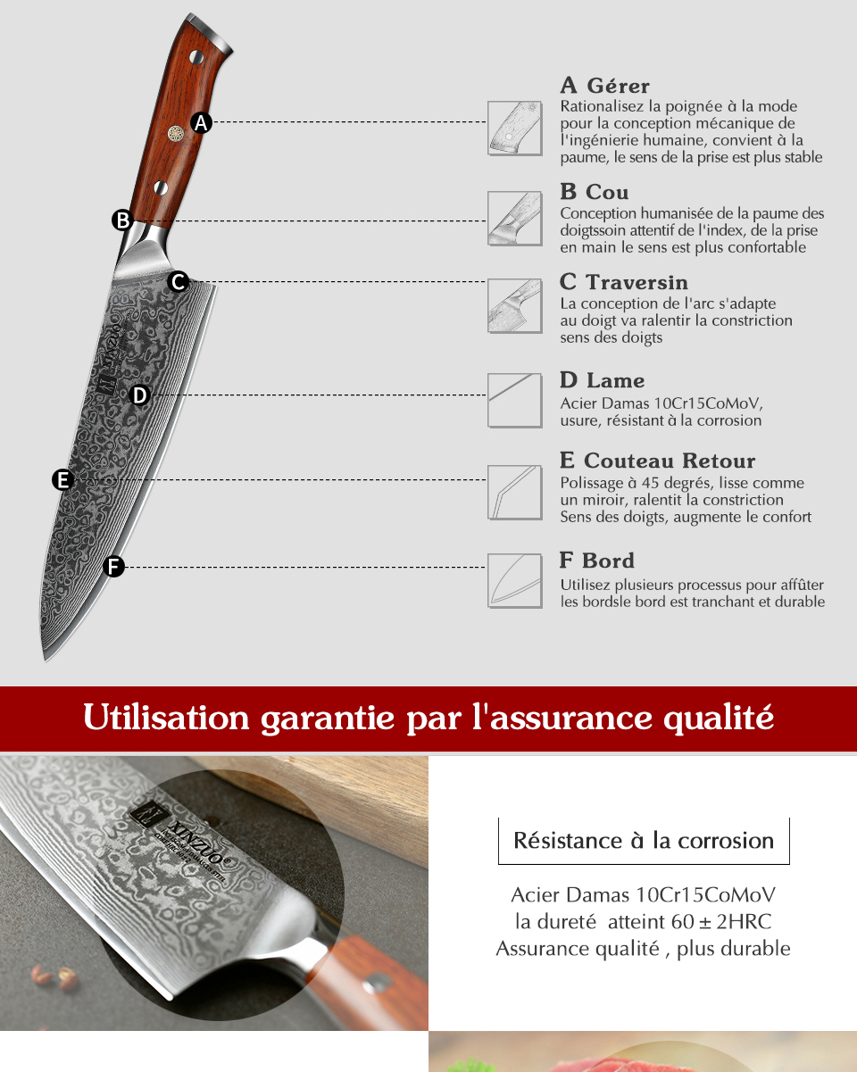 XINZUO couteaux de Chef chinois 8.5 pouces, haute teneur en carbone VG10 67 couches, couteau de cuisine damas, couteau Gyuto en acier inoxydable, manche en bois de rose