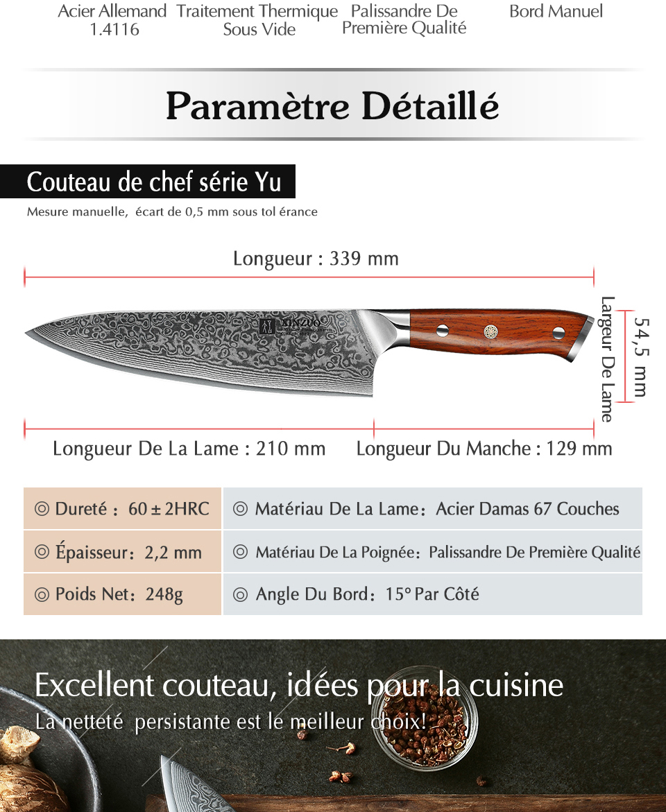 XINZUO couteaux de Chef chinois 8.5 pouces, haute teneur en carbone VG10 67 couches, couteau de cuisine damas, couteau Gyuto en acier inoxydable, manche en bois de rose