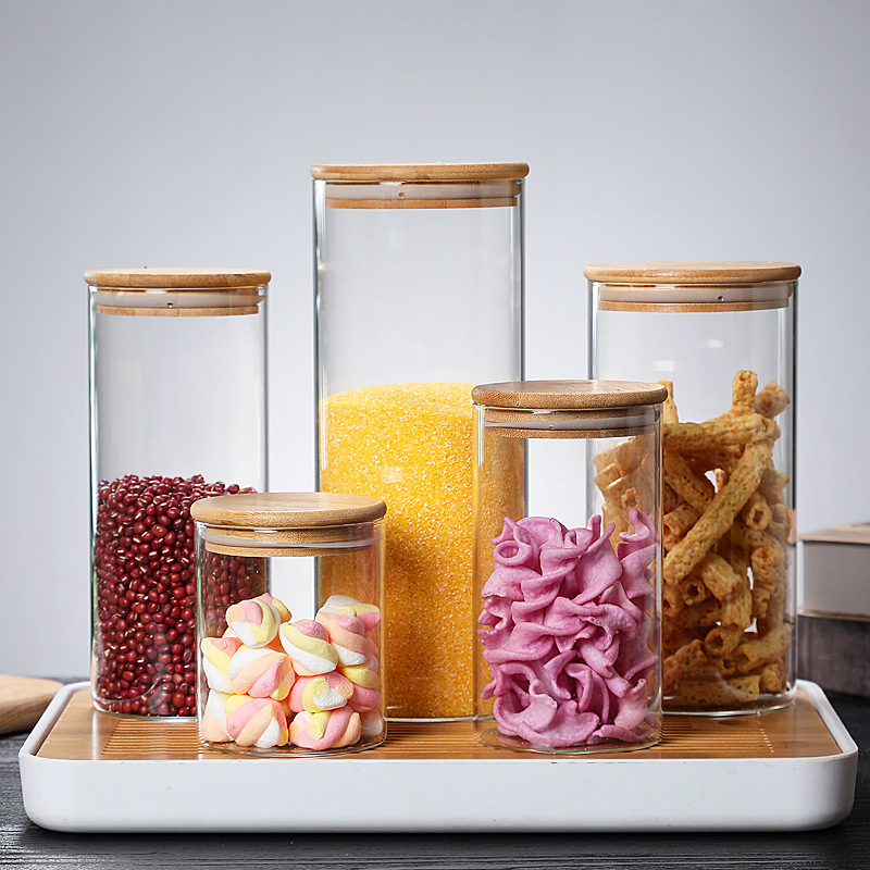Bocal à bonbons, biscuits et épices en verre, récipient Mason à couvercle en bambou, vente en gros