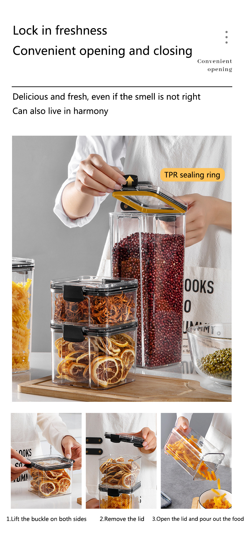 Bocaux hermétiques empilables en plastique de 460 à 1800ml, boîte de rangement des aliments, réservoir multi-grains, bouteille de thé aux fruits secs Bocaux hermétiques empilables en plastique de 460 à 1800ml, boîte de rangement des aliments, réservoir multi-grains, bouteille de thé aux fruits secs