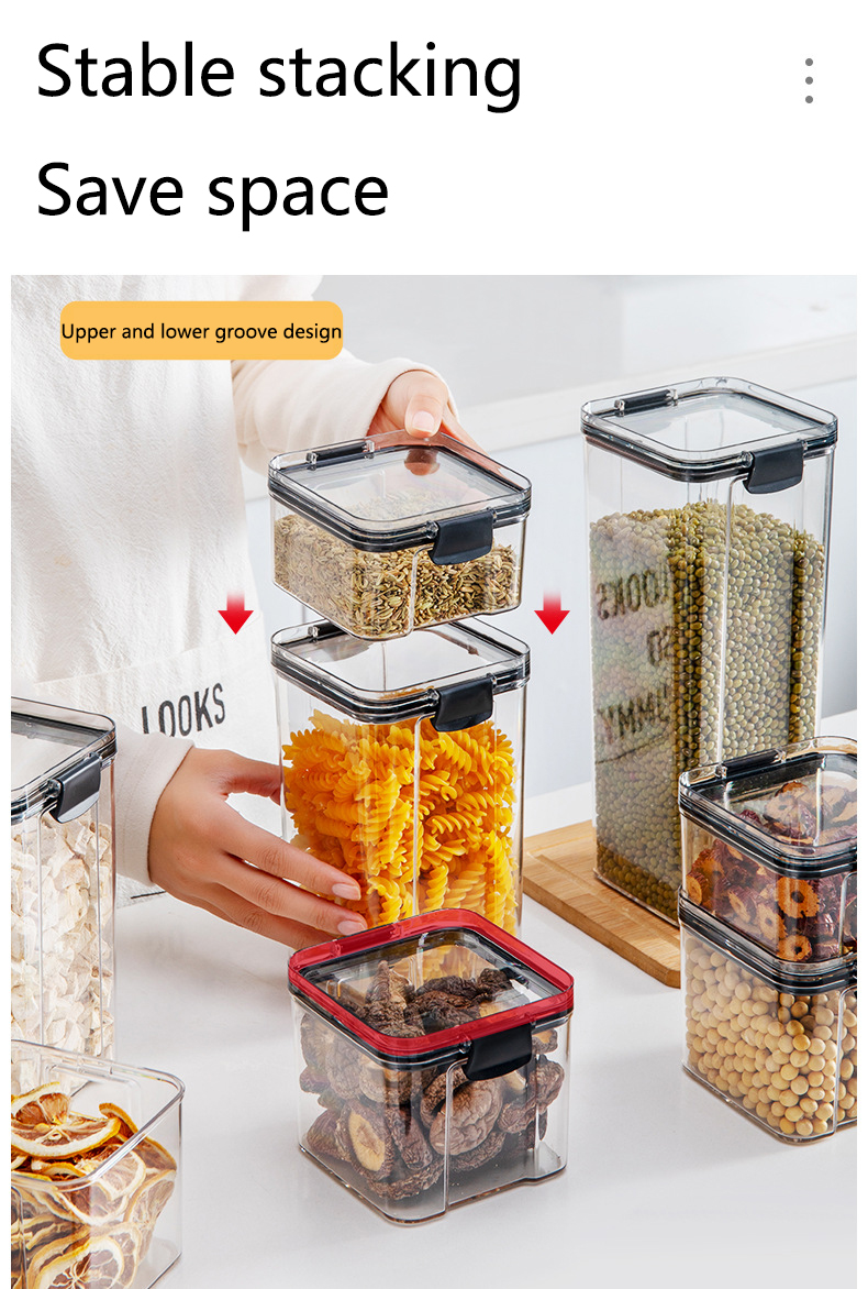 Bocaux hermétiques empilables en plastique de 460 à 1800ml, boîte de rangement des aliments, réservoir multi-grains, bouteille de thé aux fruits secs Bocaux hermétiques empilables en plastique de 460 à 1800ml, boîte de rangement des aliments, réservoir multi-grains, bouteille de thé aux fruits secs