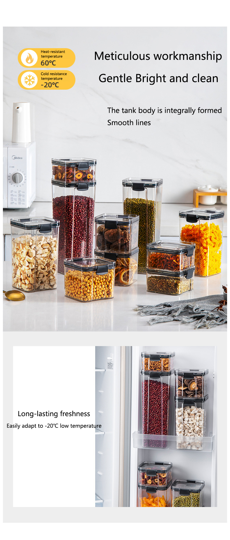 Bocaux hermétiques empilables en plastique de 460 à 1800ml, boîte de rangement des aliments, réservoir multi-grains, bouteille de thé aux fruits secs Bocaux hermétiques empilables en plastique de 460 à 1800ml, boîte de rangement des aliments, réservoir multi-grains, bouteille de thé aux fruits secs