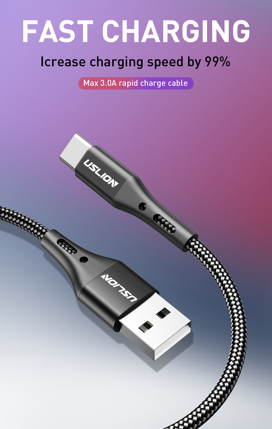 USLION – câble USB 3A Type C pour recharge rapide et transfert de données, cordon de chargeur pour téléphone Samsung Galaxy S10 S9 Xiaomi Redmi Note 7 Huawei, 2m/3m
