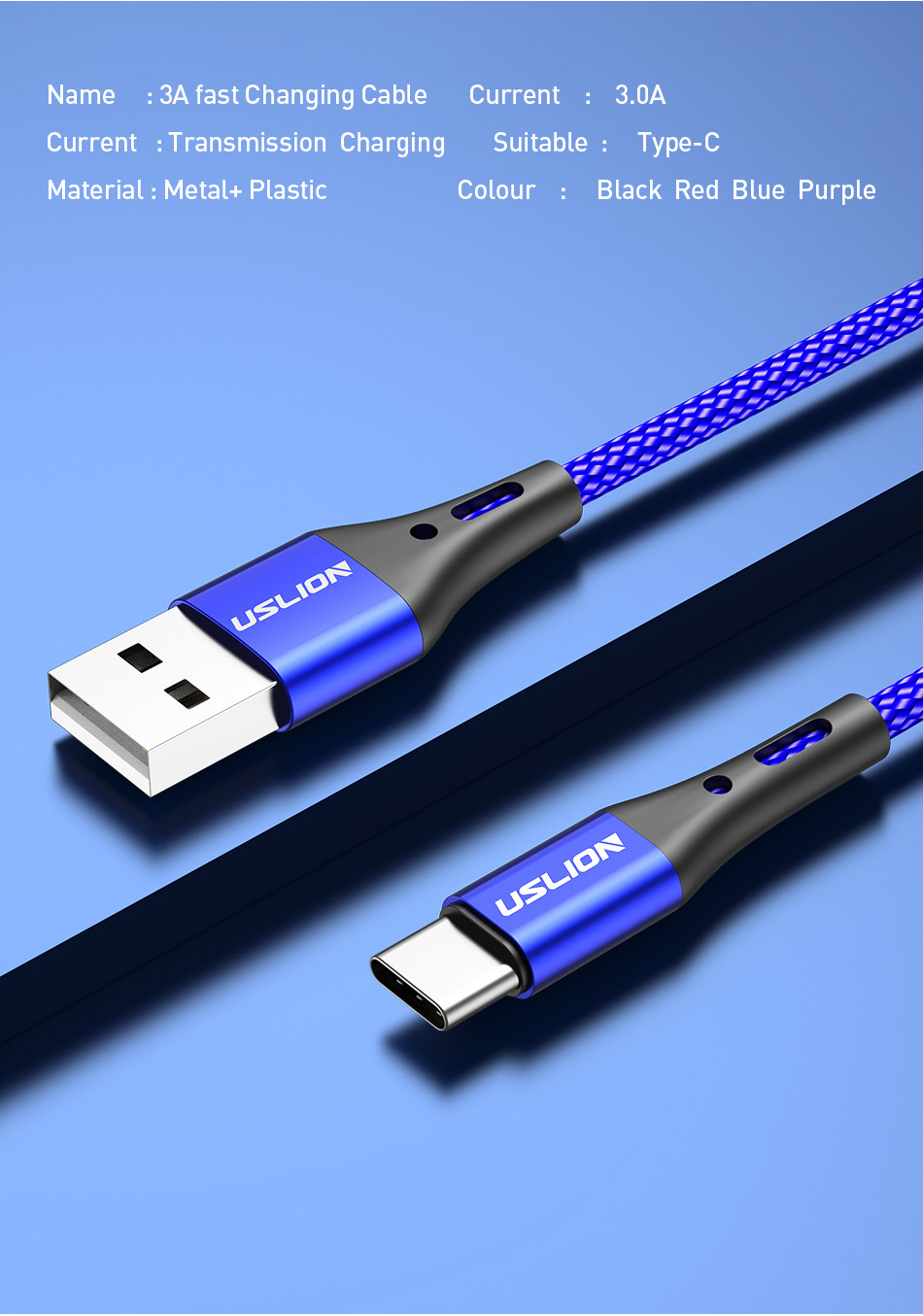 USLION – câble USB 3A Type C pour recharge rapide et transfert de données, cordon de chargeur pour téléphone Samsung Galaxy S10 S9 Xiaomi Redmi Note 7 Huawei, 2m/3m