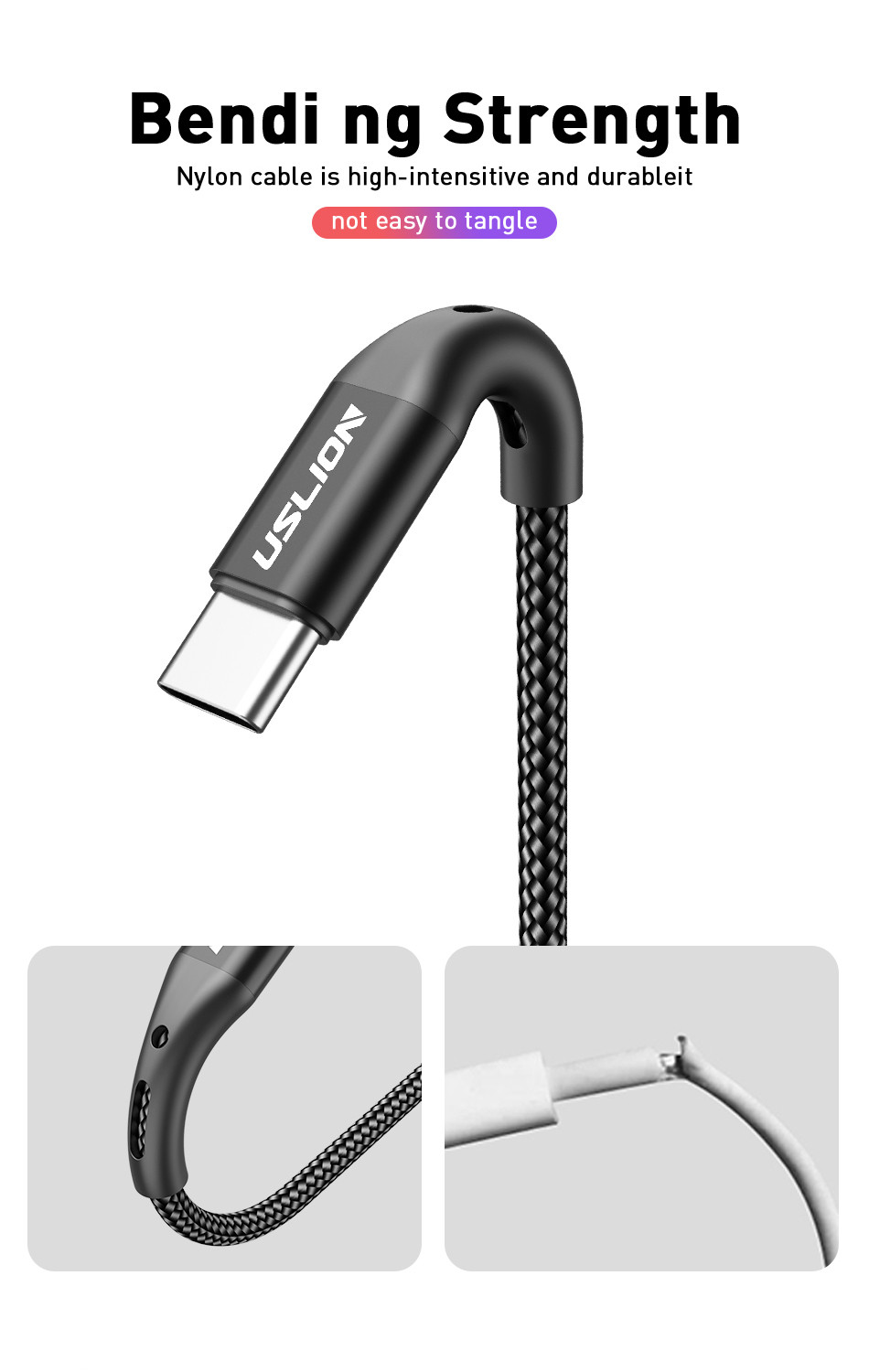 USLION – câble USB 3A Type C pour recharge rapide et transfert de données, cordon de chargeur pour téléphone Samsung Galaxy S10 S9 Xiaomi Redmi Note 7 Huawei, 2m/3m