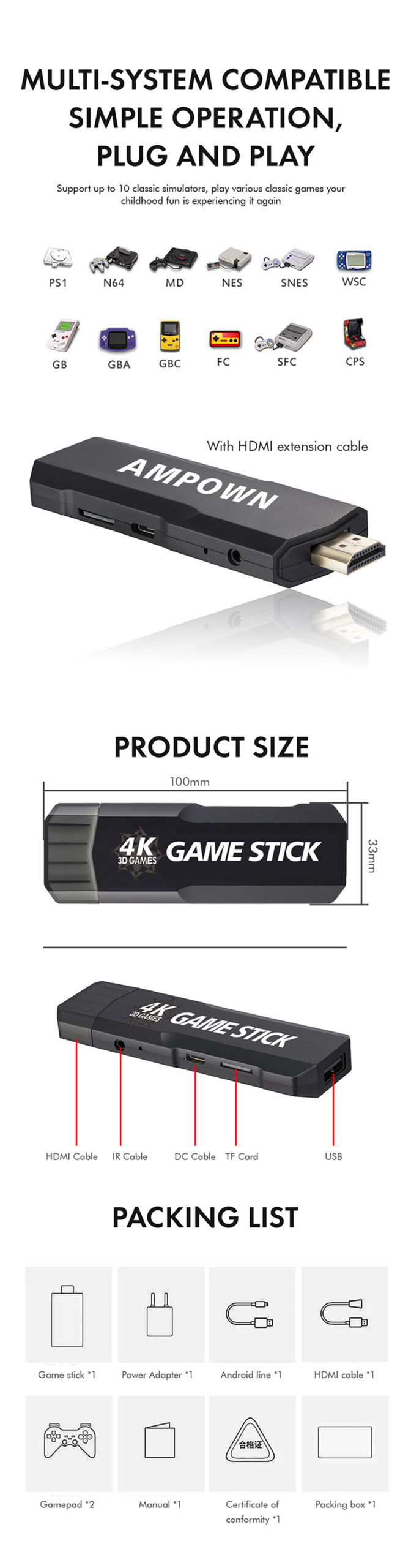 Console de jeux vidéo rétro GD10, 128G, 4K, 10000 jeux espagnols, système Emuelec4.3, poignée de commande sans fil, 2 pièces, 2.4G