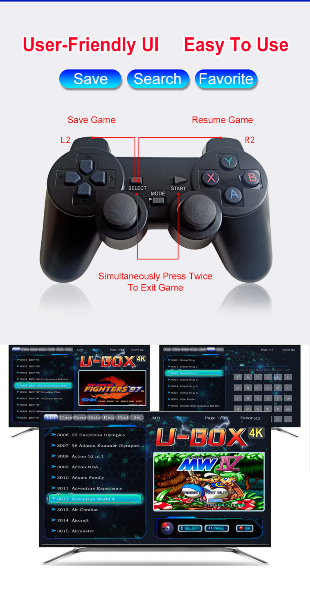 Console de jeu vidéo HD 4K 2.4G, Double contrôleur sans fil pour PS1/Console de jeu TV rétro classique 10000