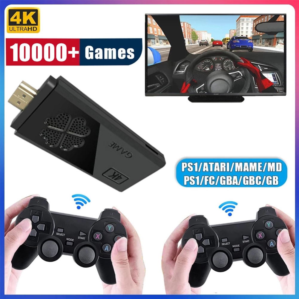 Console de jeu vidéo HD 4K 2.4G, Double contrôleur sans fil pour PS1/Console de jeu TV rétro classique 10000