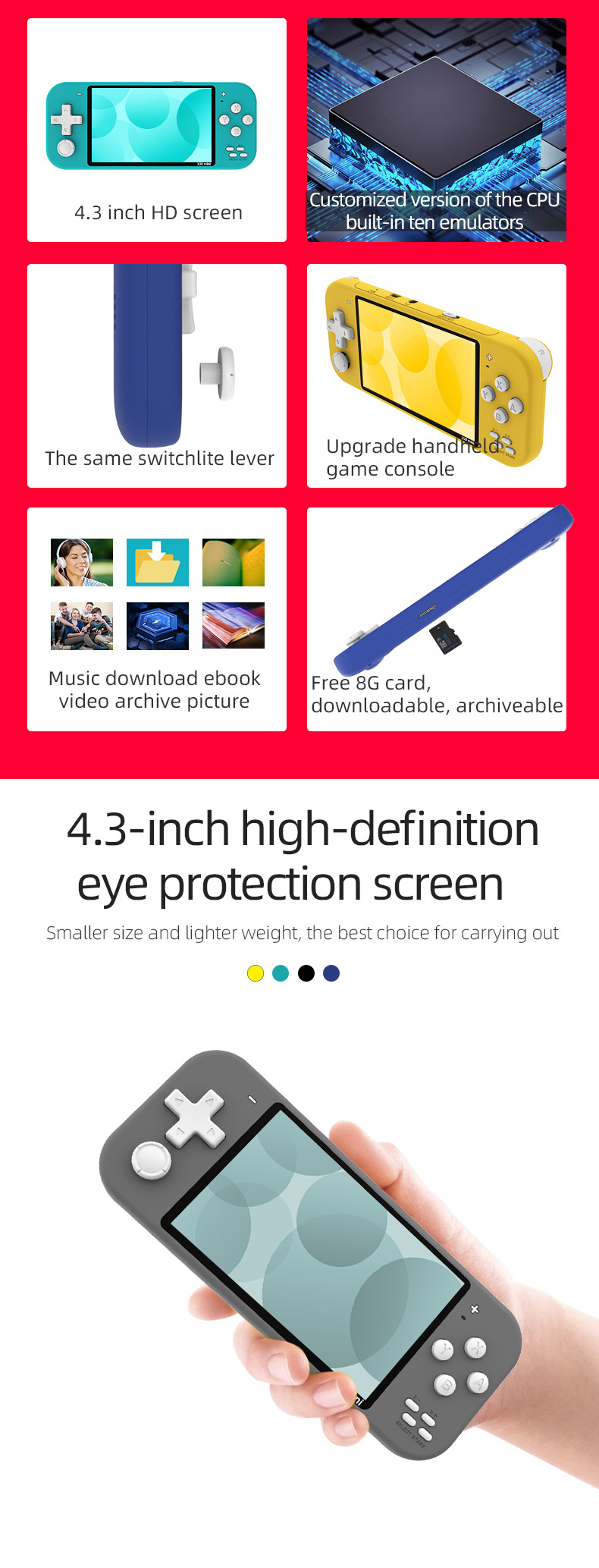 Mini Console de jeux vidéo Portable X7, avec 4.3 jeux classiques intégrés, deux joysticks, Support TV gratuit, 10000 pouces