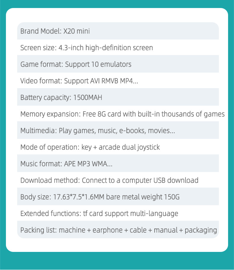 Mini Console de jeux vidéo Portable X7, avec 4.3 jeux classiques intégrés, deux joysticks, Support TV gratuit, 10000 pouces