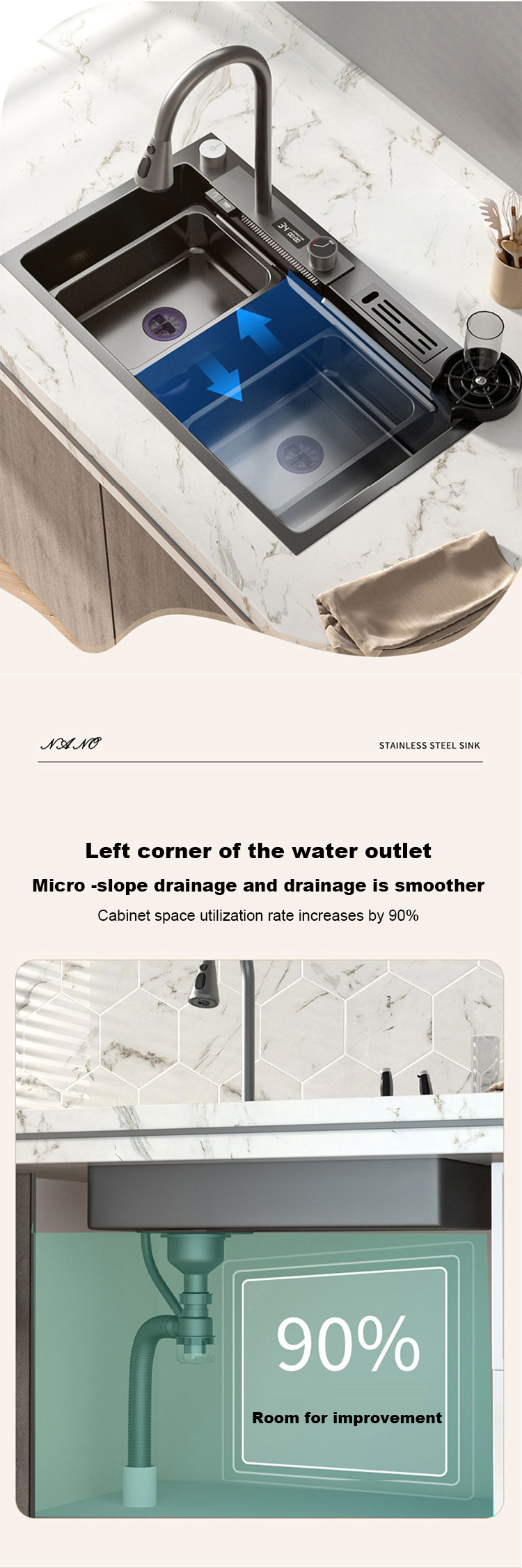 Évier de cuisine en acier inoxydable 304