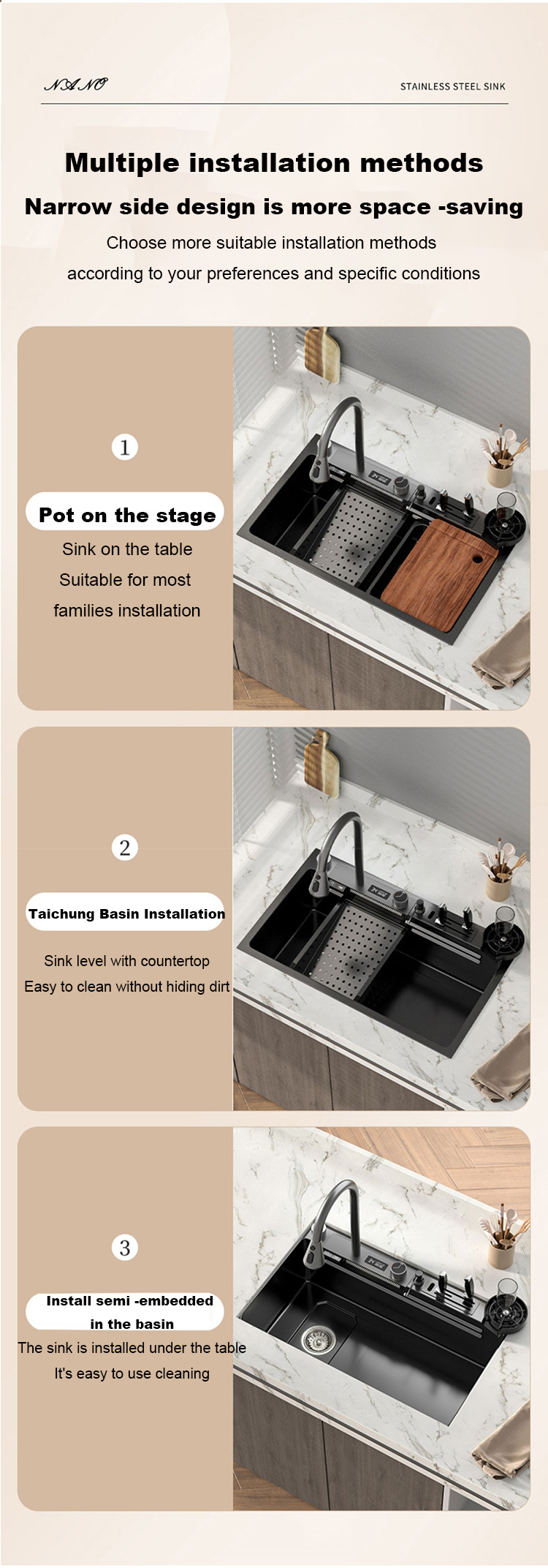Évier de cuisine en acier inoxydable 304