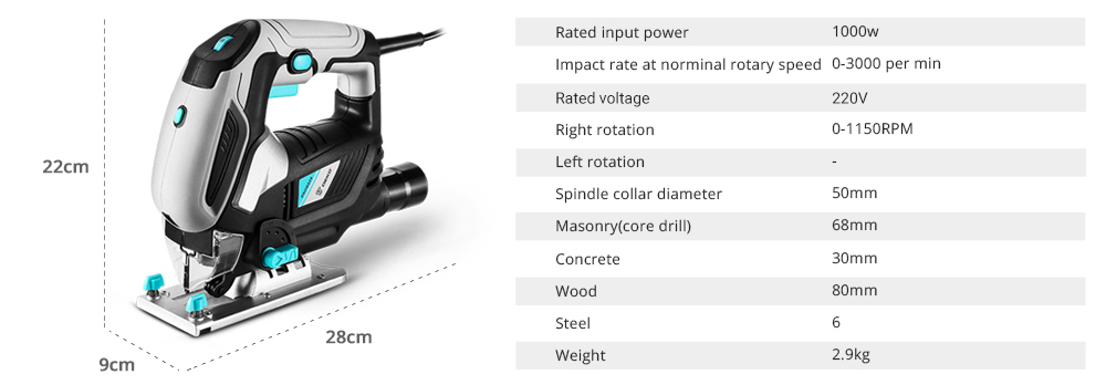 DEKO - Scie Sauteuse 1000W Filaire avec lumière LED, Angle d'inclinaison ±45°, Livré avec 1 Lame de Scie, 2 Brosses en carbone, 1 Règle en métal