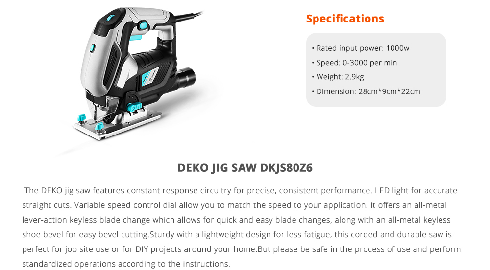 DEKO - Scie Sauteuse 1000W Filaire avec lumière LED, Angle d'inclinaison ±45°, Livré avec 1 Lame de Scie, 2 Brosses en carbone, 1 Règle en métal