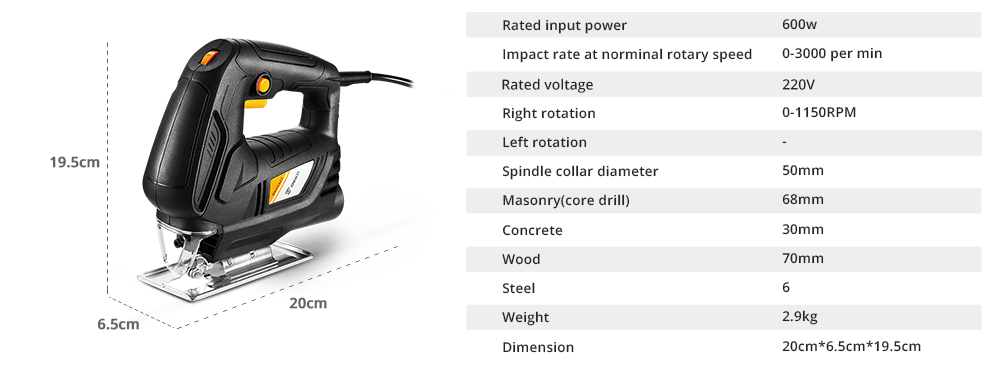 DEKO - Scie Sauteuse 1000W Filaire avec lumière LED, Angle d'inclinaison ±45°, Livré avec 1 Lame de Scie, 2 Brosses en carbone, 1 Règle en métal