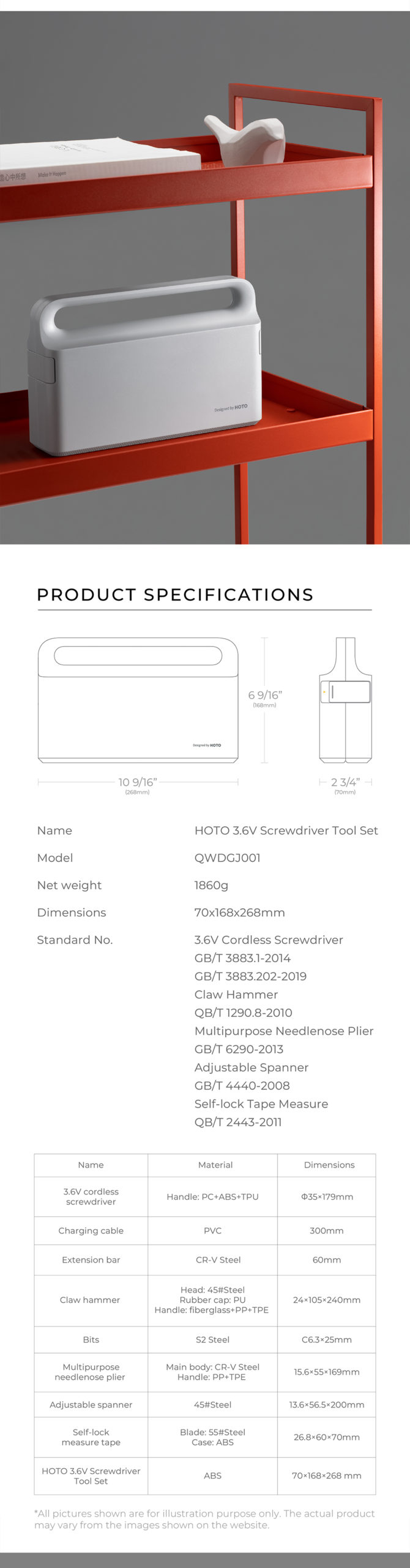 HOTO – tournevis électrique, Kit d'outils de réparation, boîte à outils mécaniques pour la maison, bricolage, clé réglable, marteau, mètre à bande