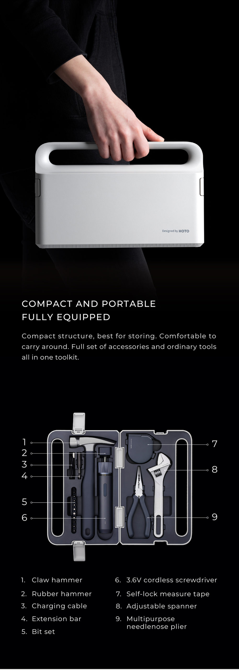 HOTO – tournevis électrique, Kit d'outils de réparation, boîte à outils mécaniques pour la maison, bricolage, clé réglable, marteau, mètre à bande