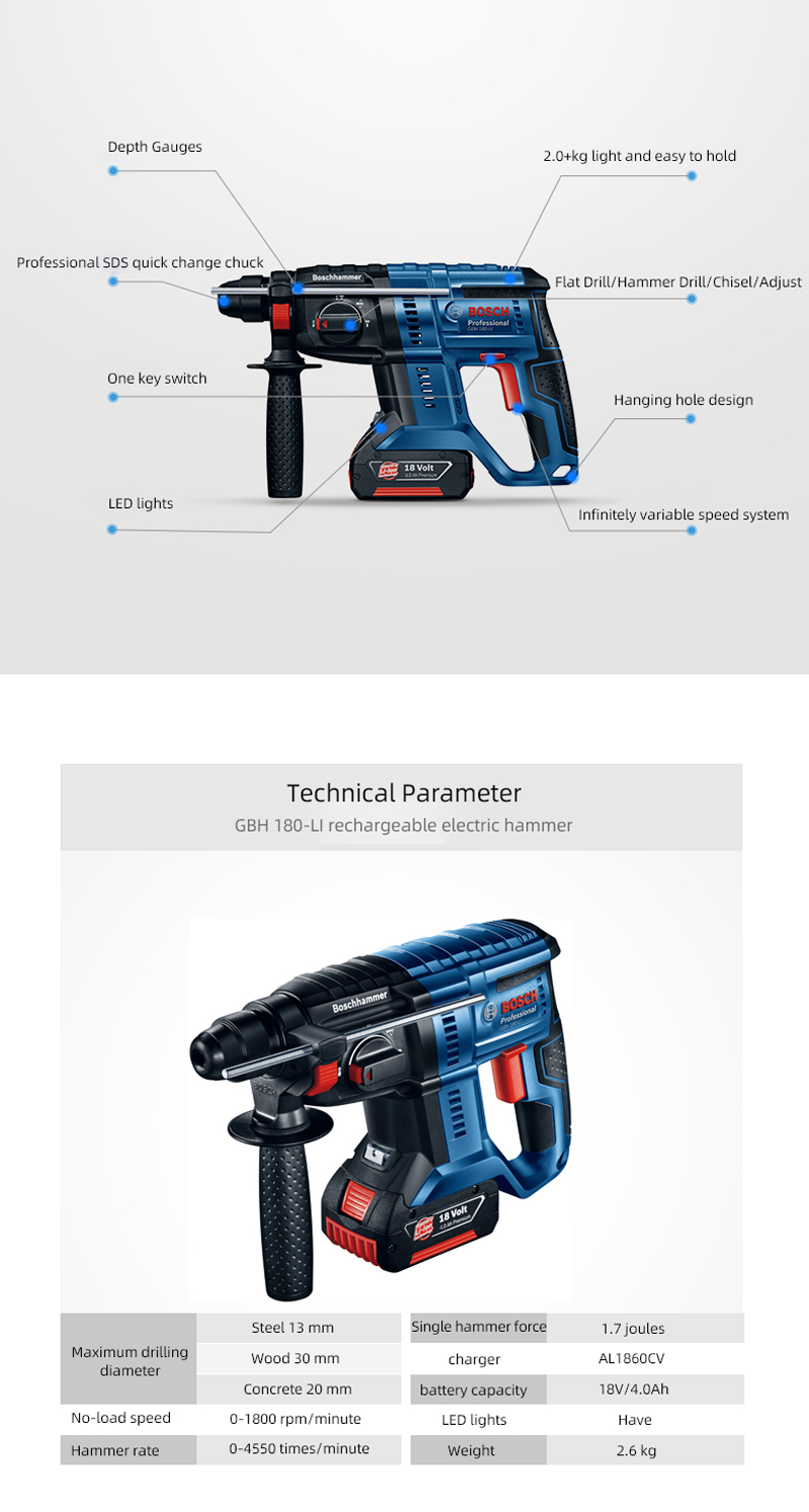 Bosch perceuse à percussion professionnelle sans balais, marteau rotatif, perforateur sans fil GBH180, outils électriques multifonctionnels