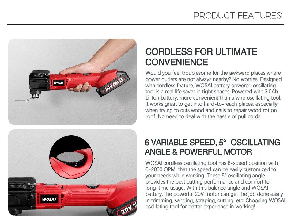 WOSAI – outils électriques multifonctions oscillants sans fil, 20V, 6 vitesses variables, scie électrique