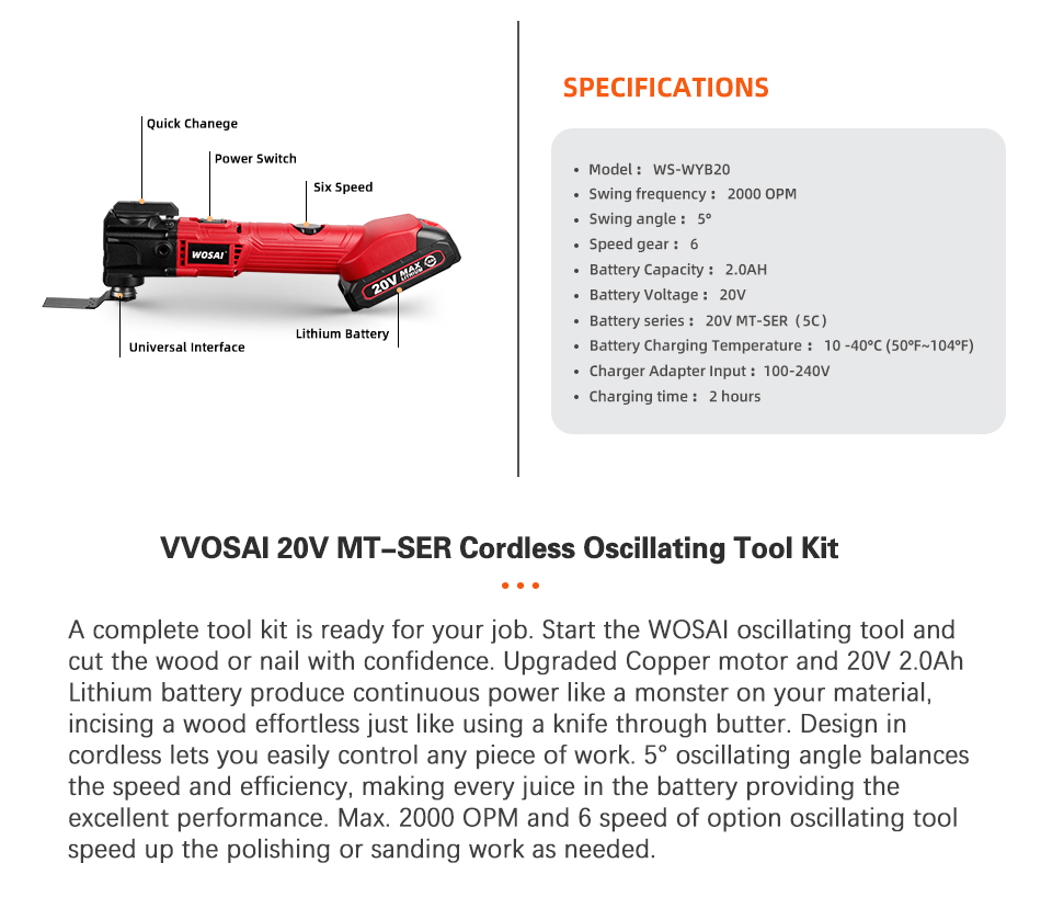 WOSAI – outils électriques multifonctions oscillants sans fil, 20V, 6 vitesses variables, scie électrique